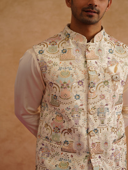 Multicolor Waistcoat Kurta Set With Thread And Sequins Embroidery