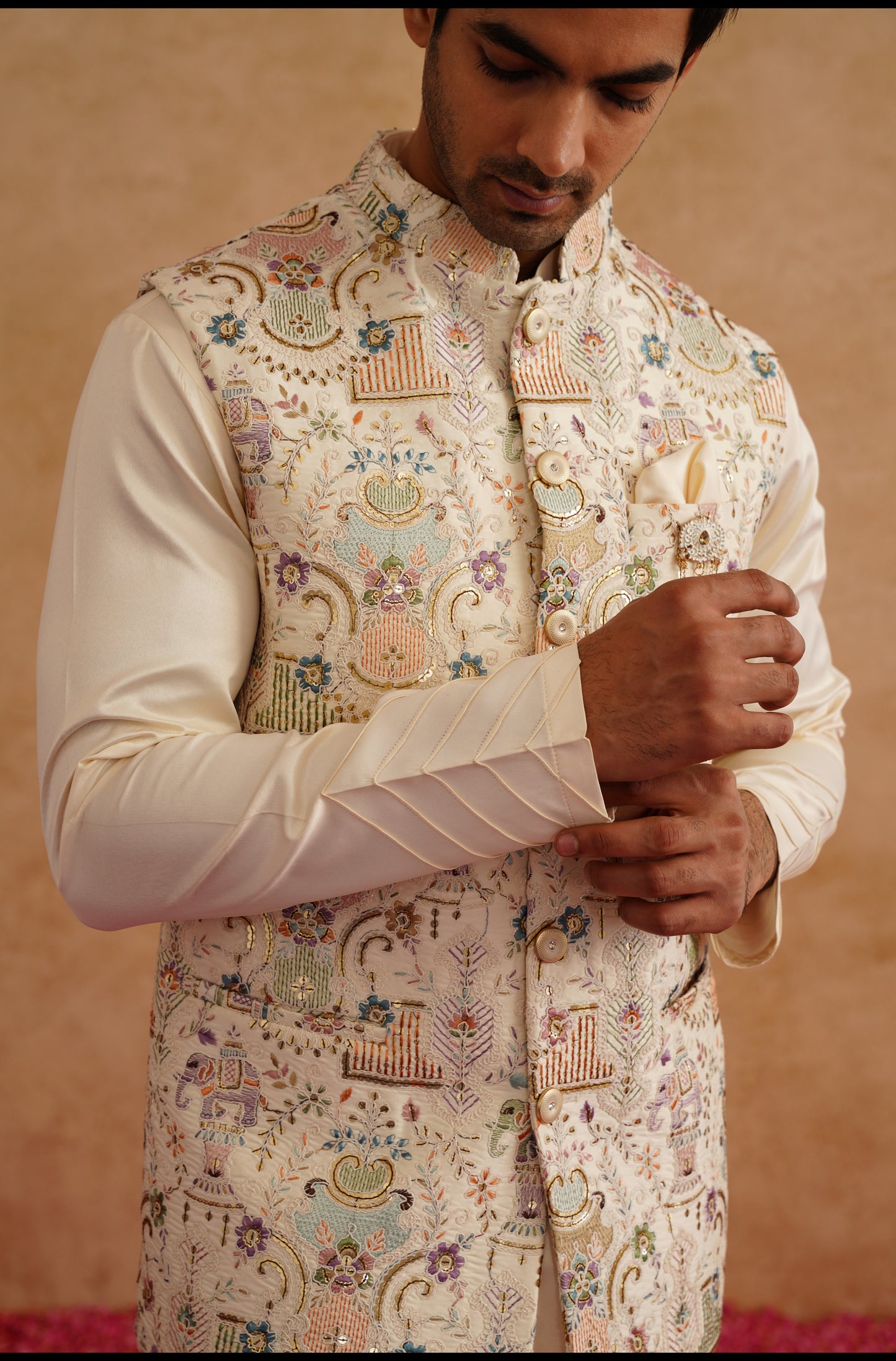 Multicolor Waistcoat Kurta Set With Thread And Sequins Embroidery