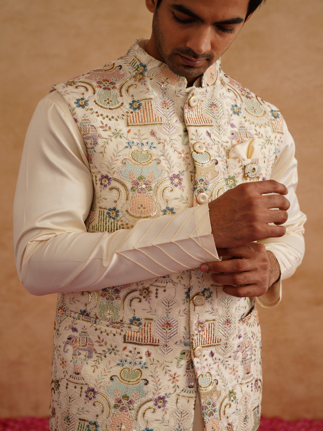 Multicolor Waistcoat Kurta Set With Thread And Sequins Embroidery