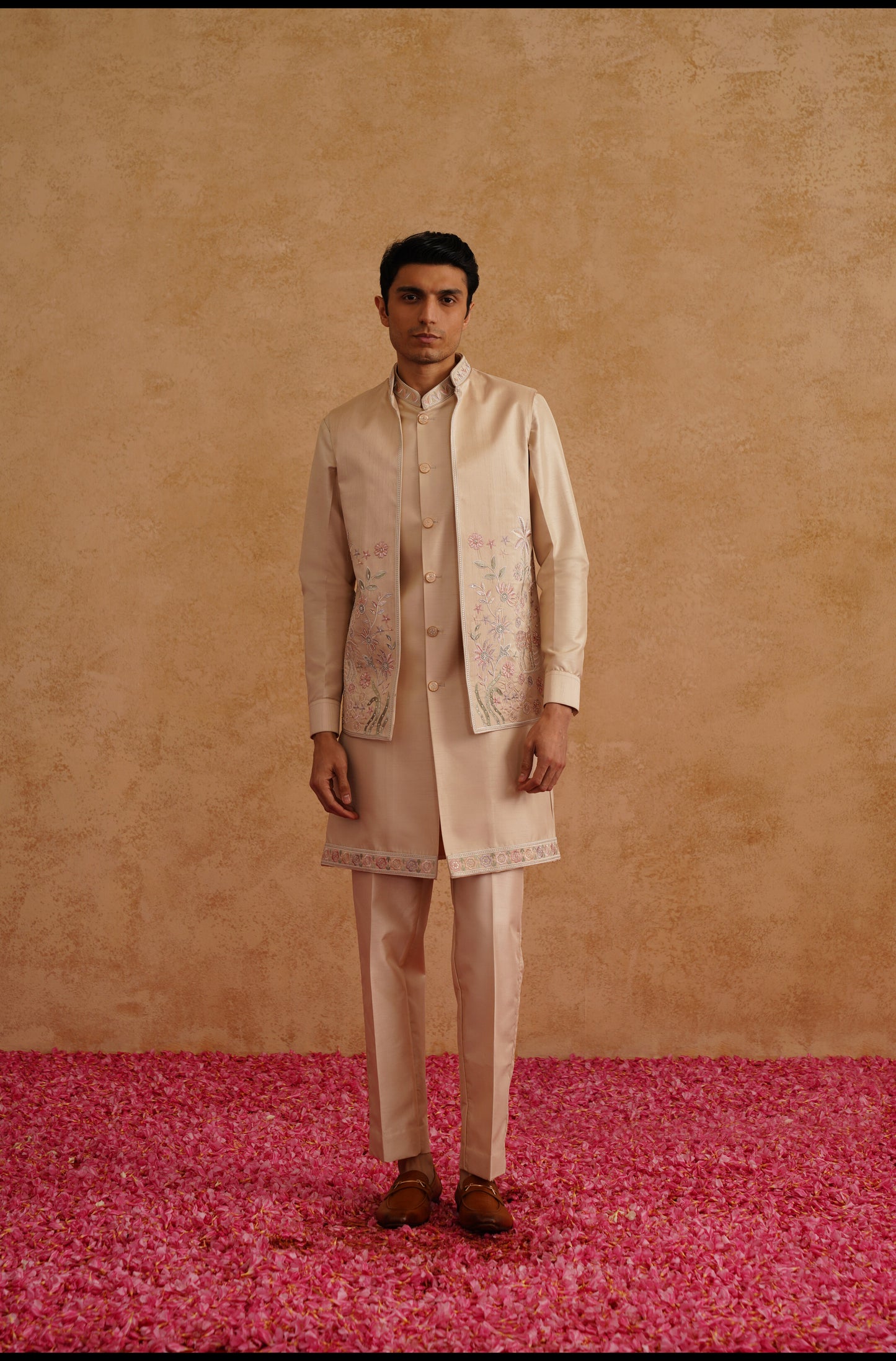 Rose Gold Open Waistcoat Kurta Set With Hand Embroidery On Silk