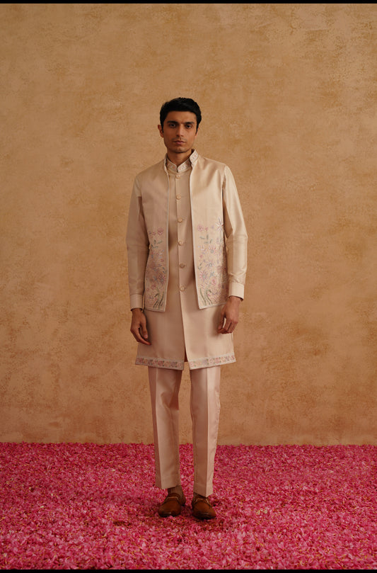 Rose Gold Open Waistcoat Kurta Set With Hand Embroidery On Silk