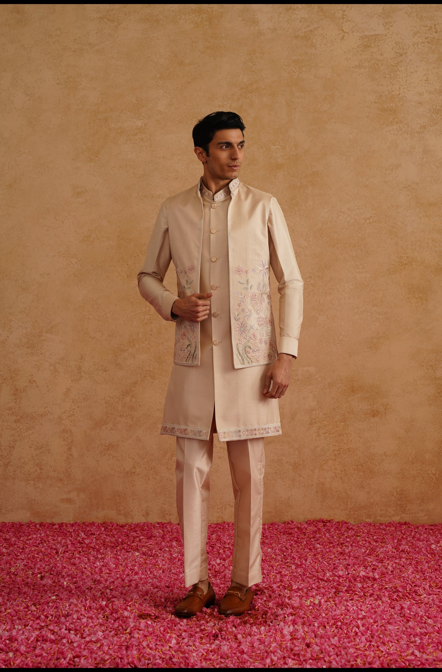 Rose Gold Open Waistcoat Kurta Set With Hand Embroidery On Silk