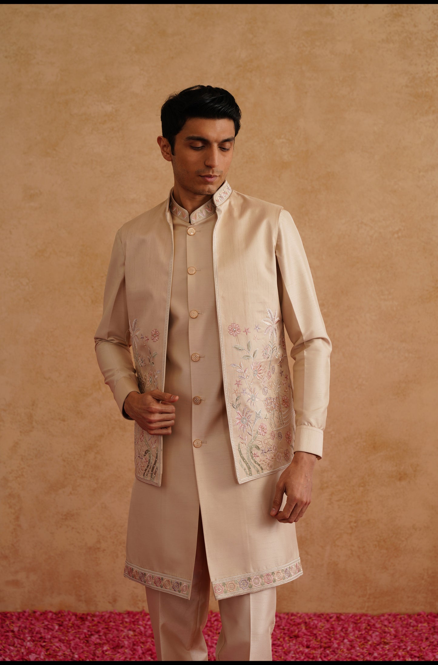 Rose Gold Open Waistcoat Kurta Set With Hand Embroidery On Silk