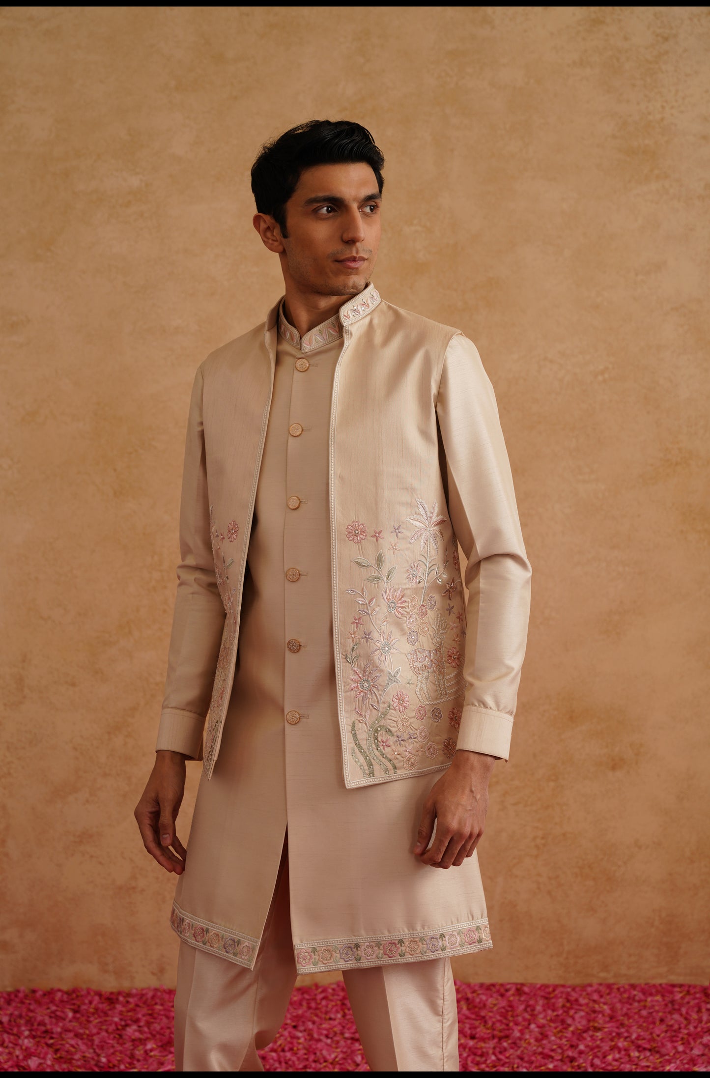 Rose Gold Open Waistcoat Kurta Set With Hand Embroidery On Silk