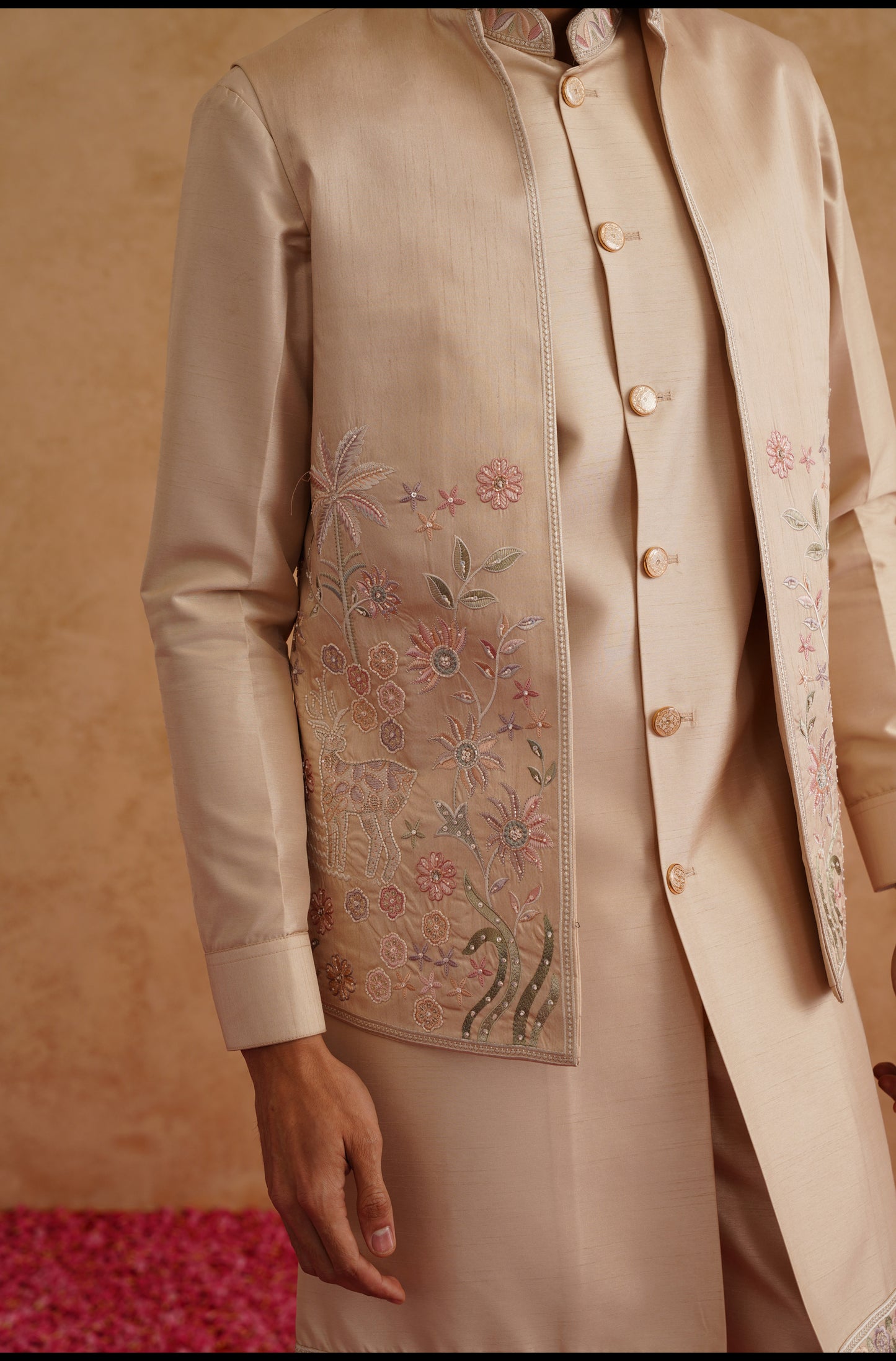 Rose Gold Open Waistcoat Kurta Set With Hand Embroidery On Silk