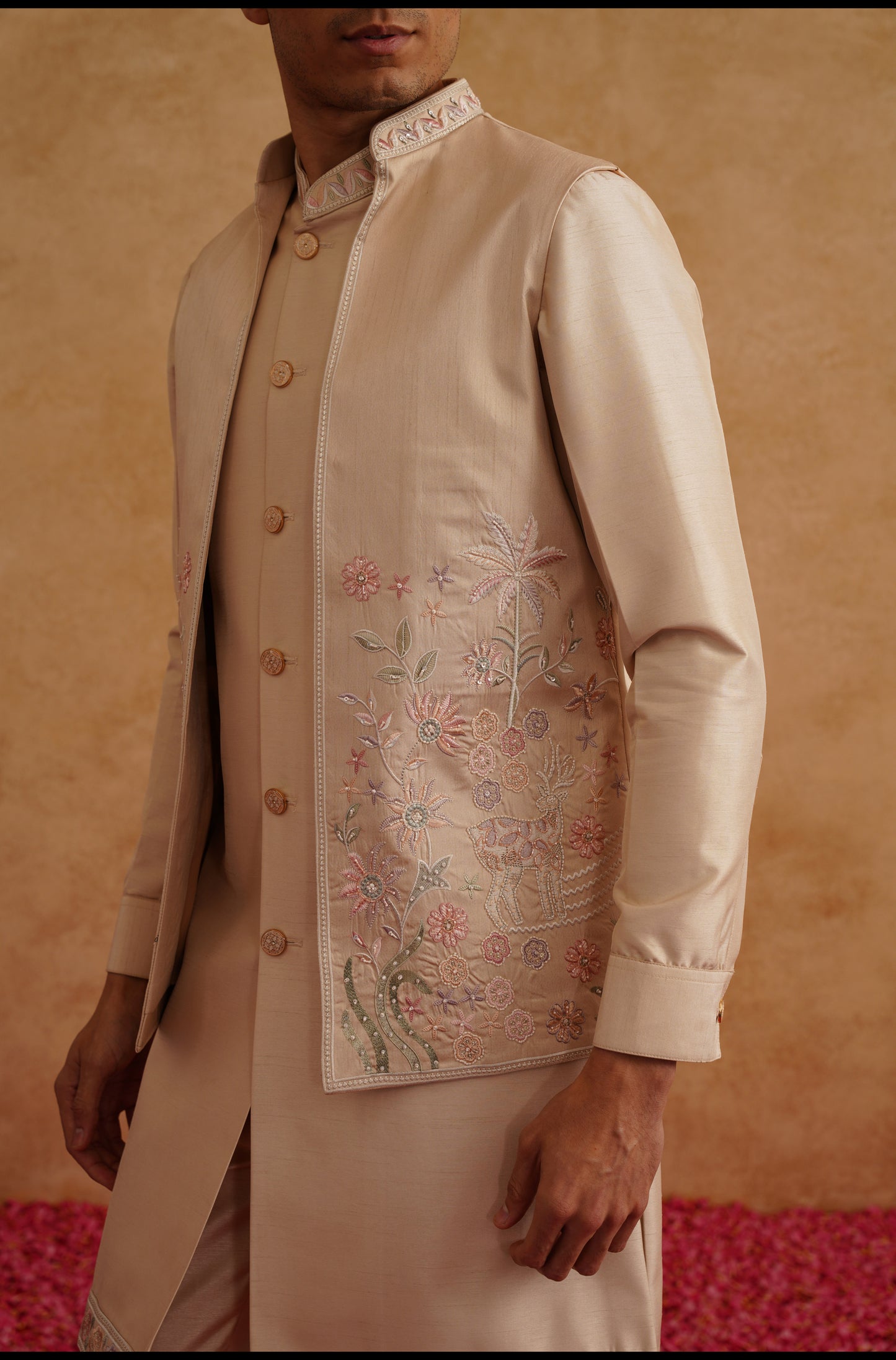 Rose Gold Open Waistcoat Kurta Set With Hand Embroidery On Silk