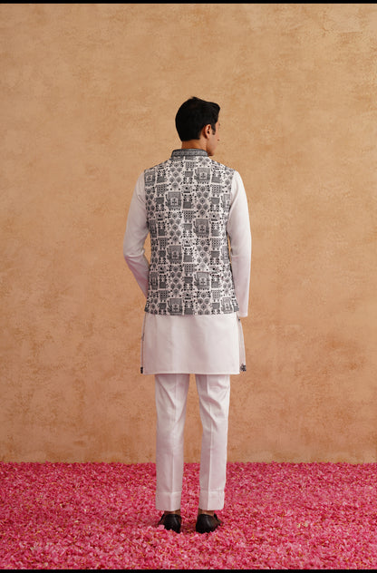 White & Black Open Waistcoat Kurta Set With Thread Embroidery