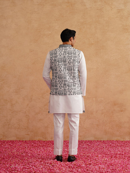 White & Black Open Waistcoat Kurta Set With Thread Embroidery