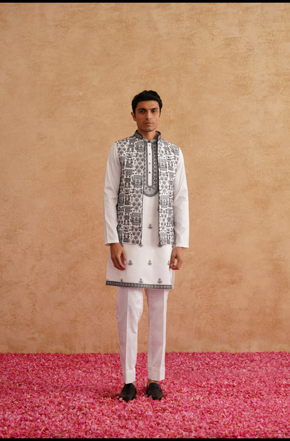 White & Black Open Waistcoat Kurta Set With Thread Embroidery