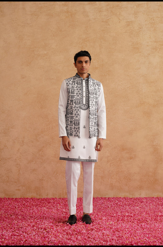 White & Black Open Waistcoat Kurta Set With Thread Embroidery