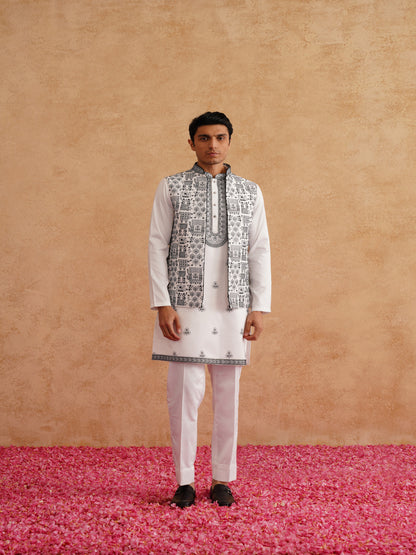 White & Black Open Waistcoat Kurta Set With Thread Embroidery