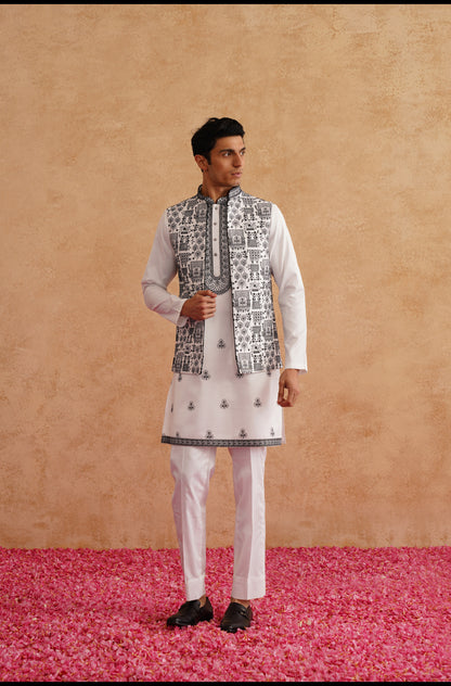 White & Black Open Waistcoat Kurta Set With Thread Embroidery