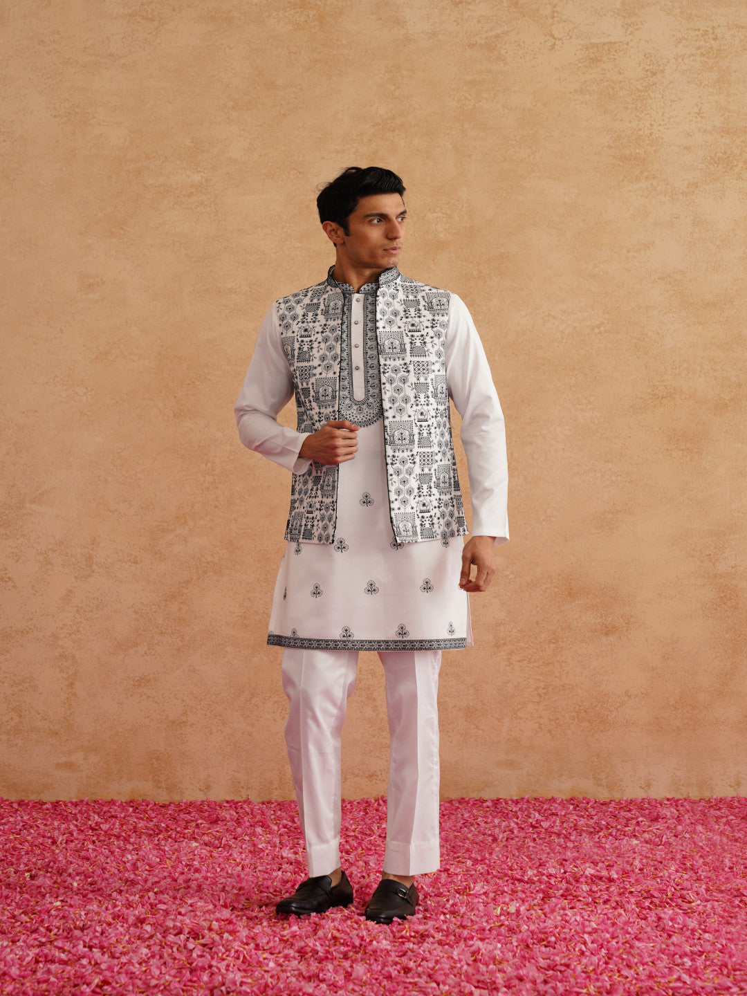 White & Black Open Waistcoat Kurta Set With Thread Embroidery