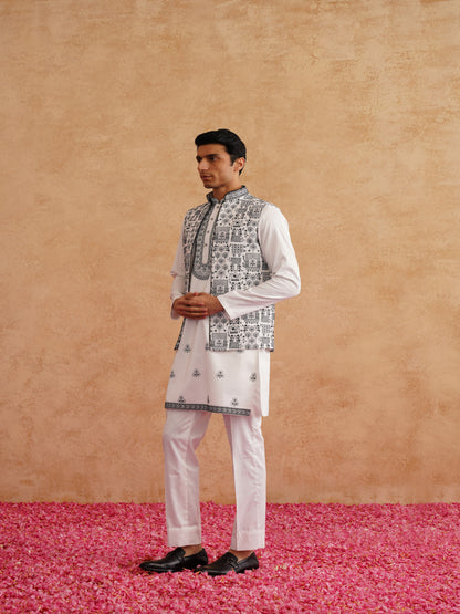 White & Black Open Waistcoat Kurta Set With Thread Embroidery