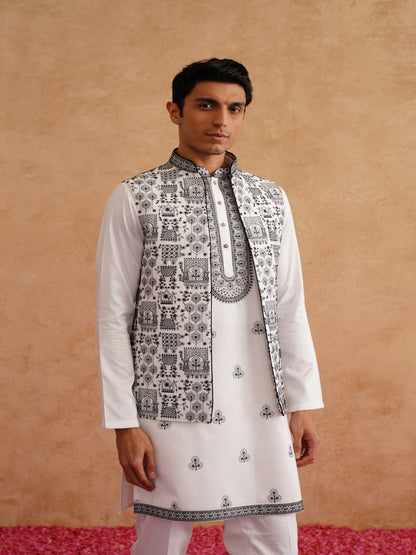 White & Black Open Waistcoat Kurta Set With Thread Embroidery