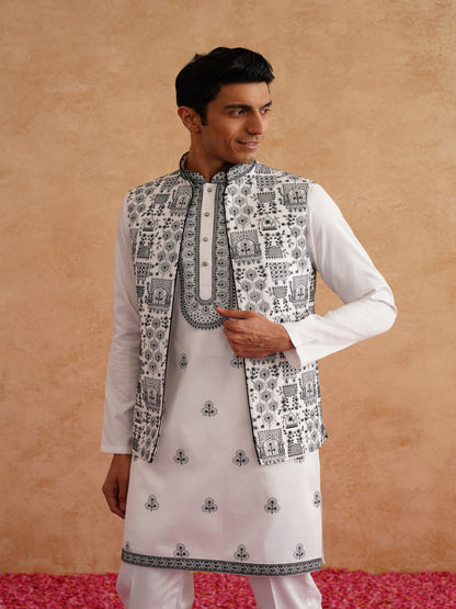 White & Black Open Waistcoat Kurta Set With Thread Embroidery