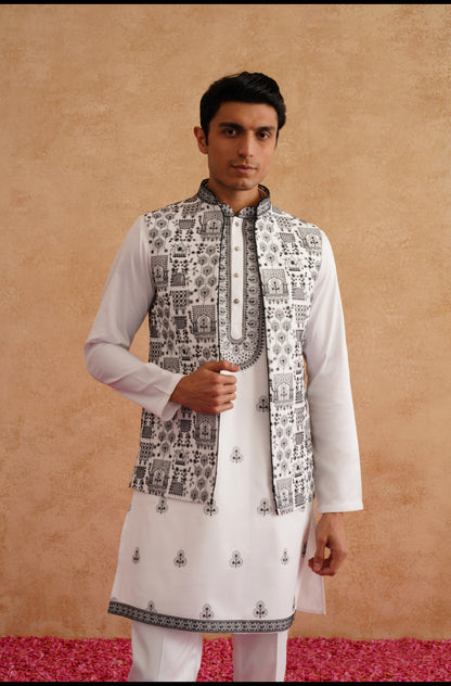 White & Black Open Waistcoat Kurta Set With Thread Embroidery