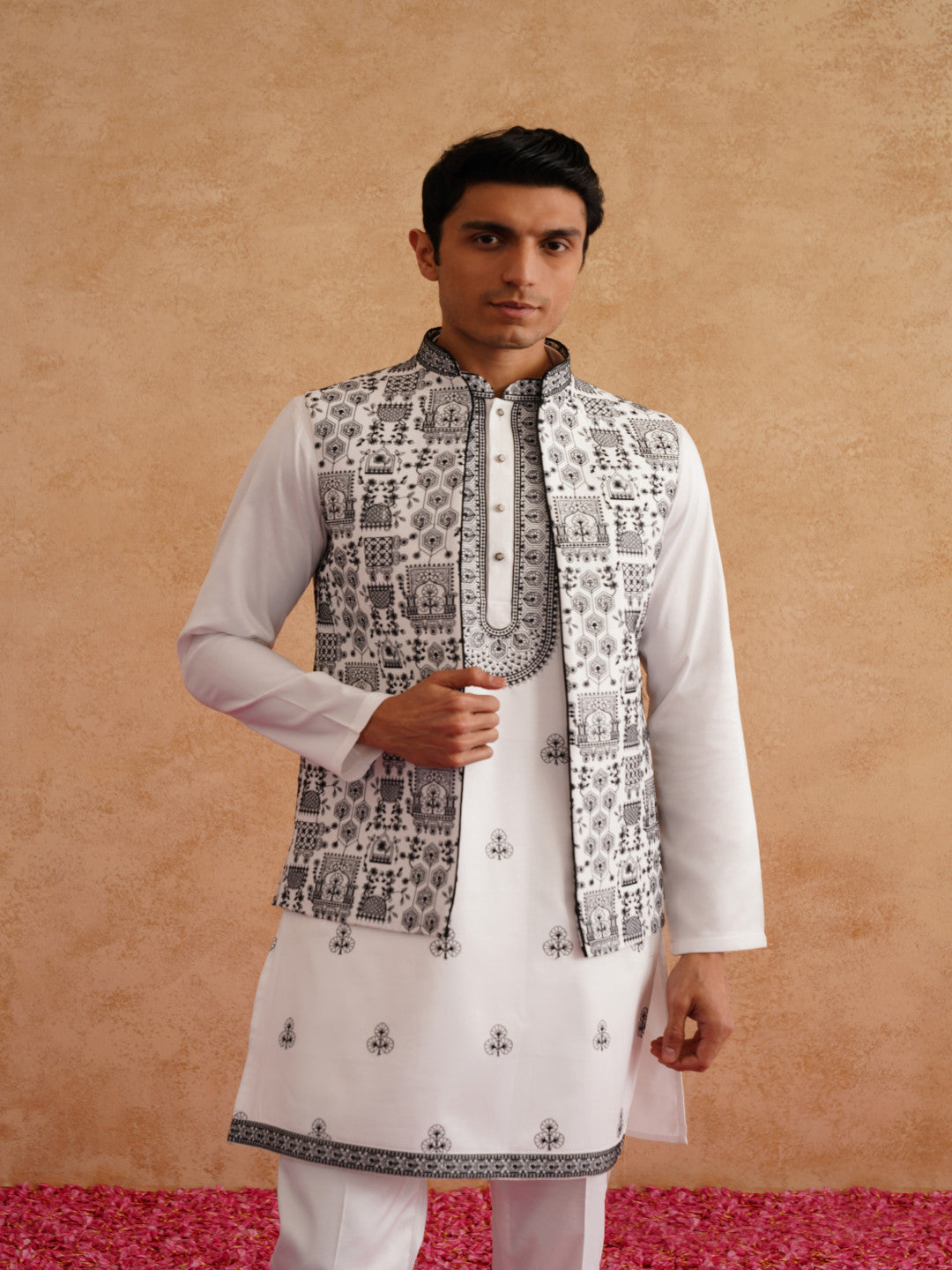 White & Black Open Waistcoat Kurta Set With Thread Embroidery