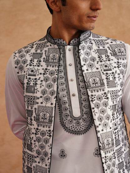 White & Black Open Waistcoat Kurta Set With Thread Embroidery