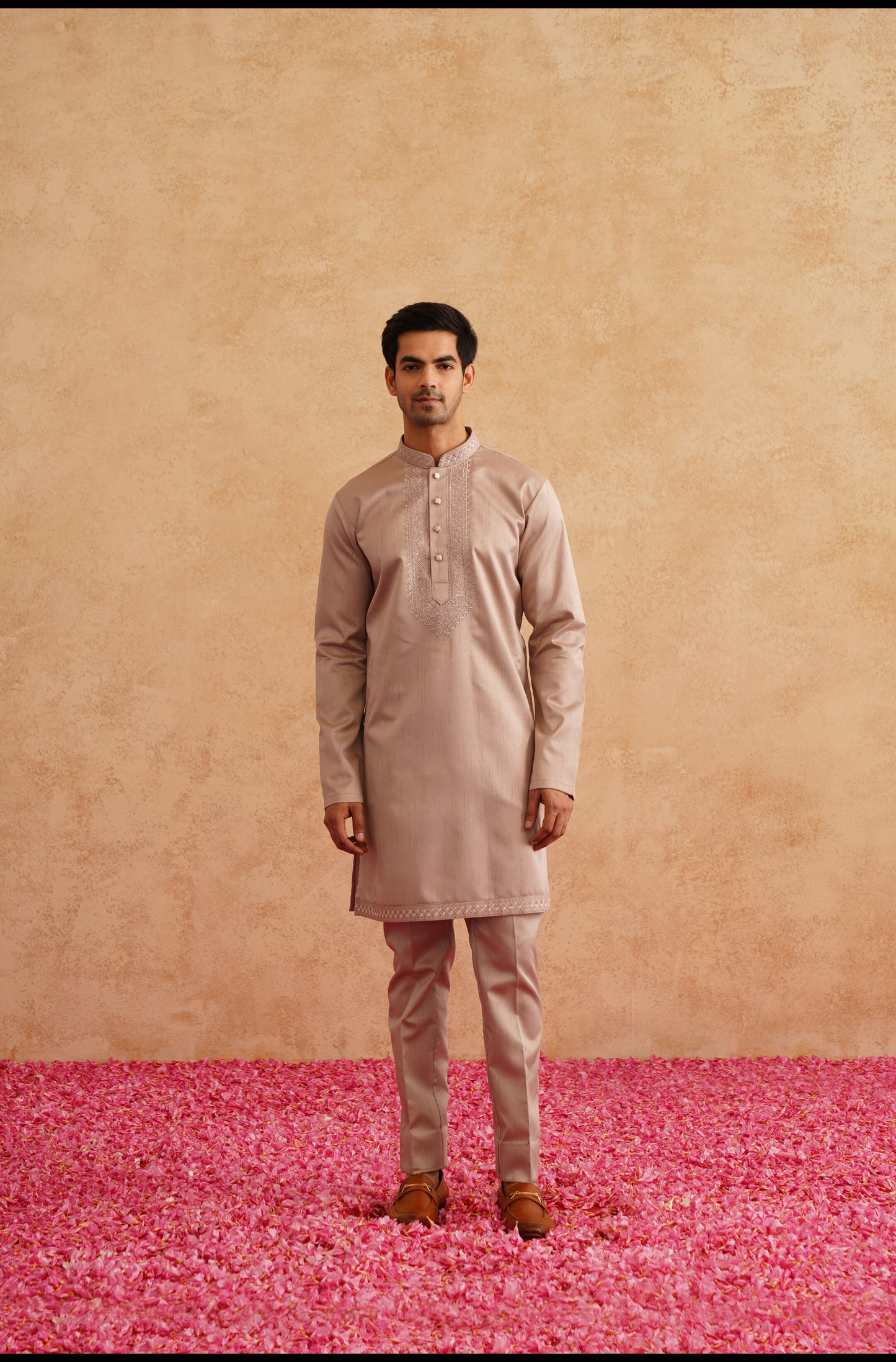 Rose Gold Thread Embroidered Open Waistcoat Kurta Set On Silk