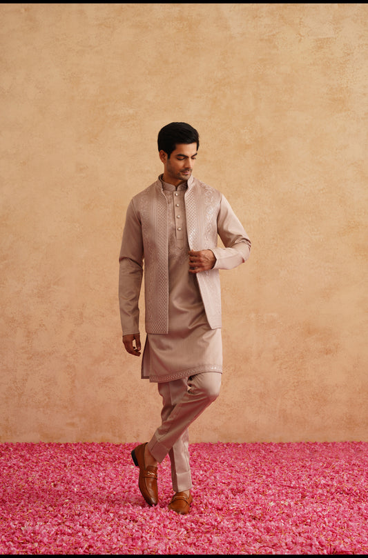 Rose Gold Thread Embroidered Open Waistcoat Kurta Set On Silk