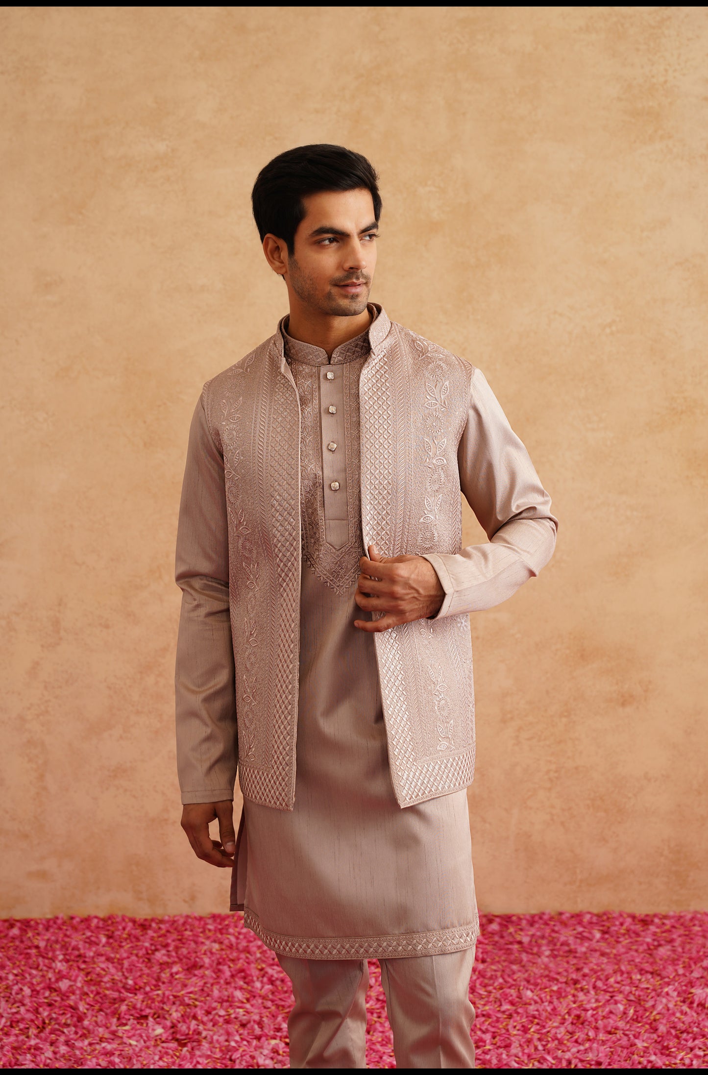 Rose Gold Thread Embroidered Open Waistcoat Kurta Set On Silk