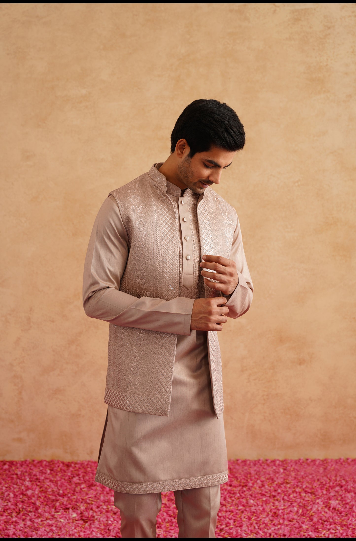 Rose Gold Thread Embroidered Open Waistcoat Kurta Set On Silk