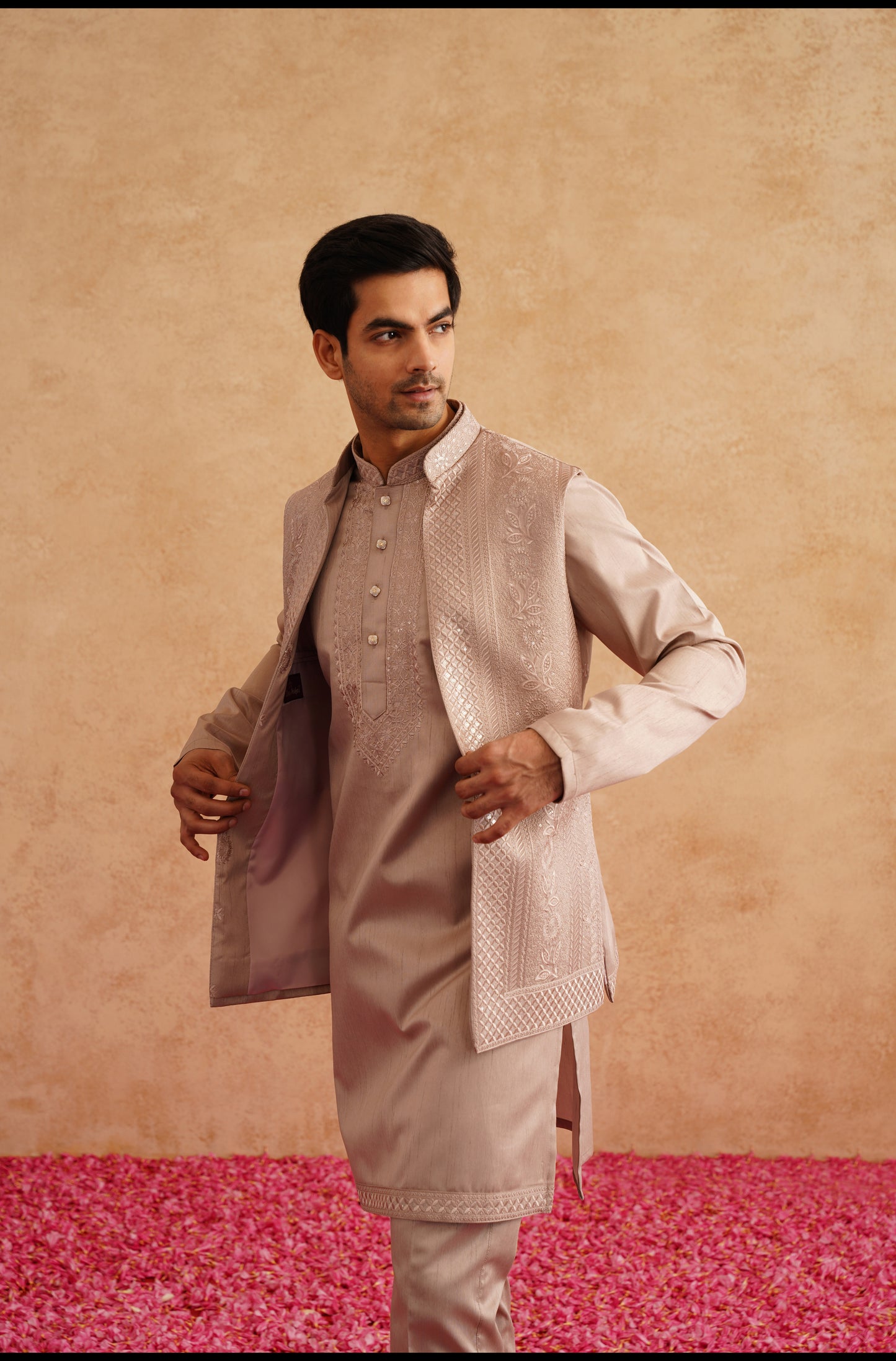 Rose Gold Thread Embroidered Open Waistcoat Kurta Set On Silk