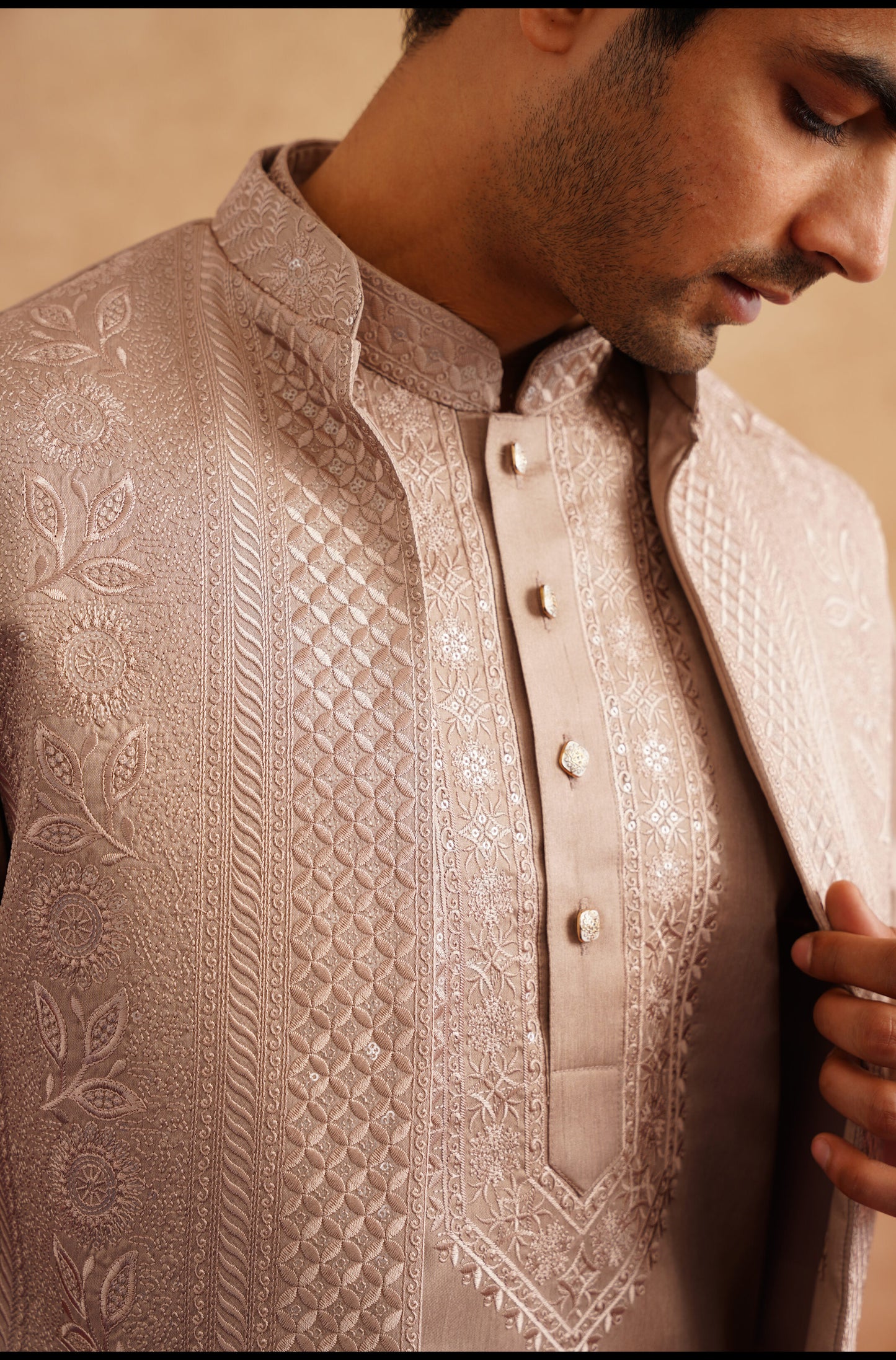 Rose Gold Thread Embroidered Open Waistcoat Kurta Set On Silk