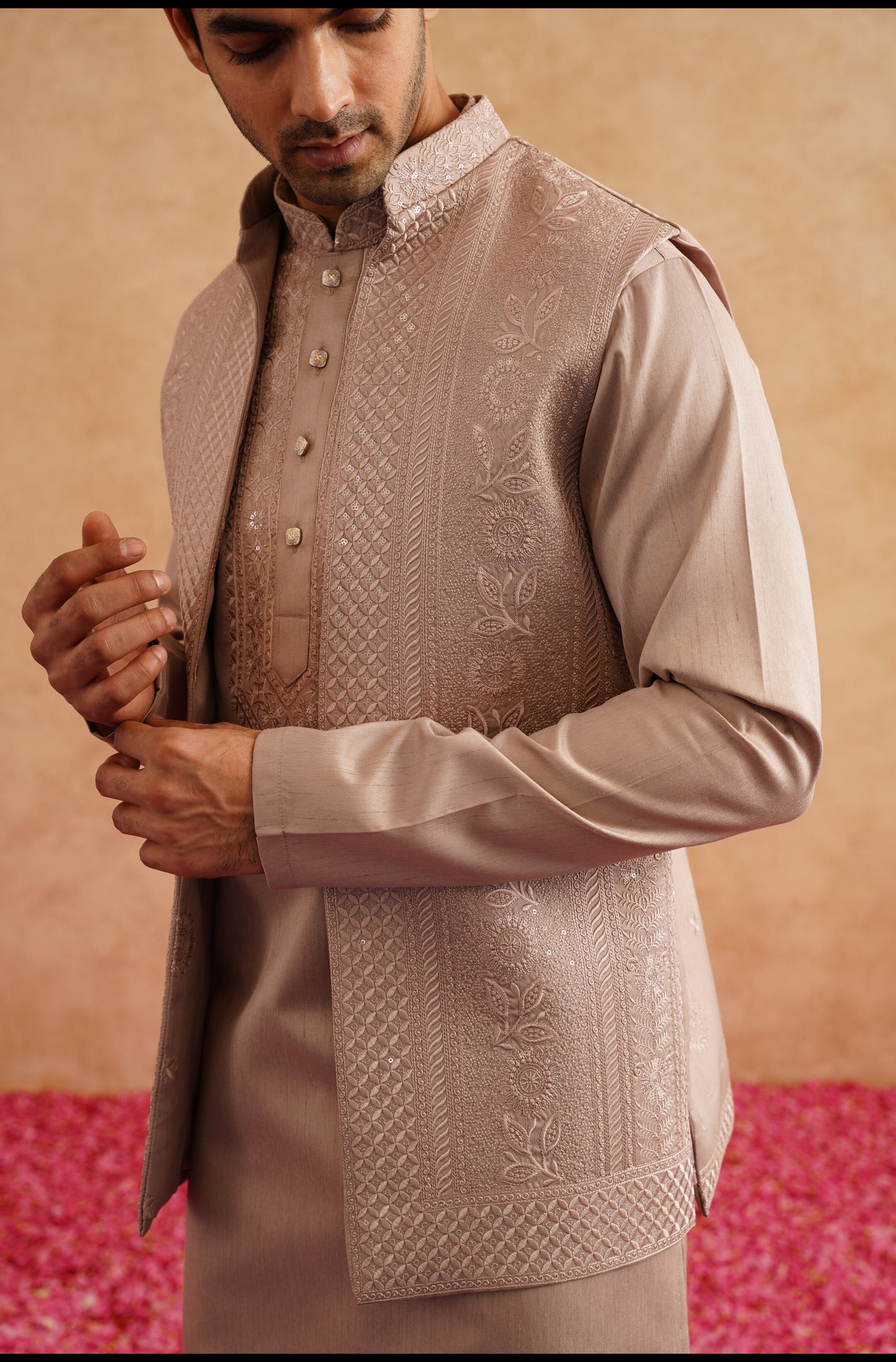 Rose Gold Thread Embroidered Open Waistcoat Kurta Set On Silk