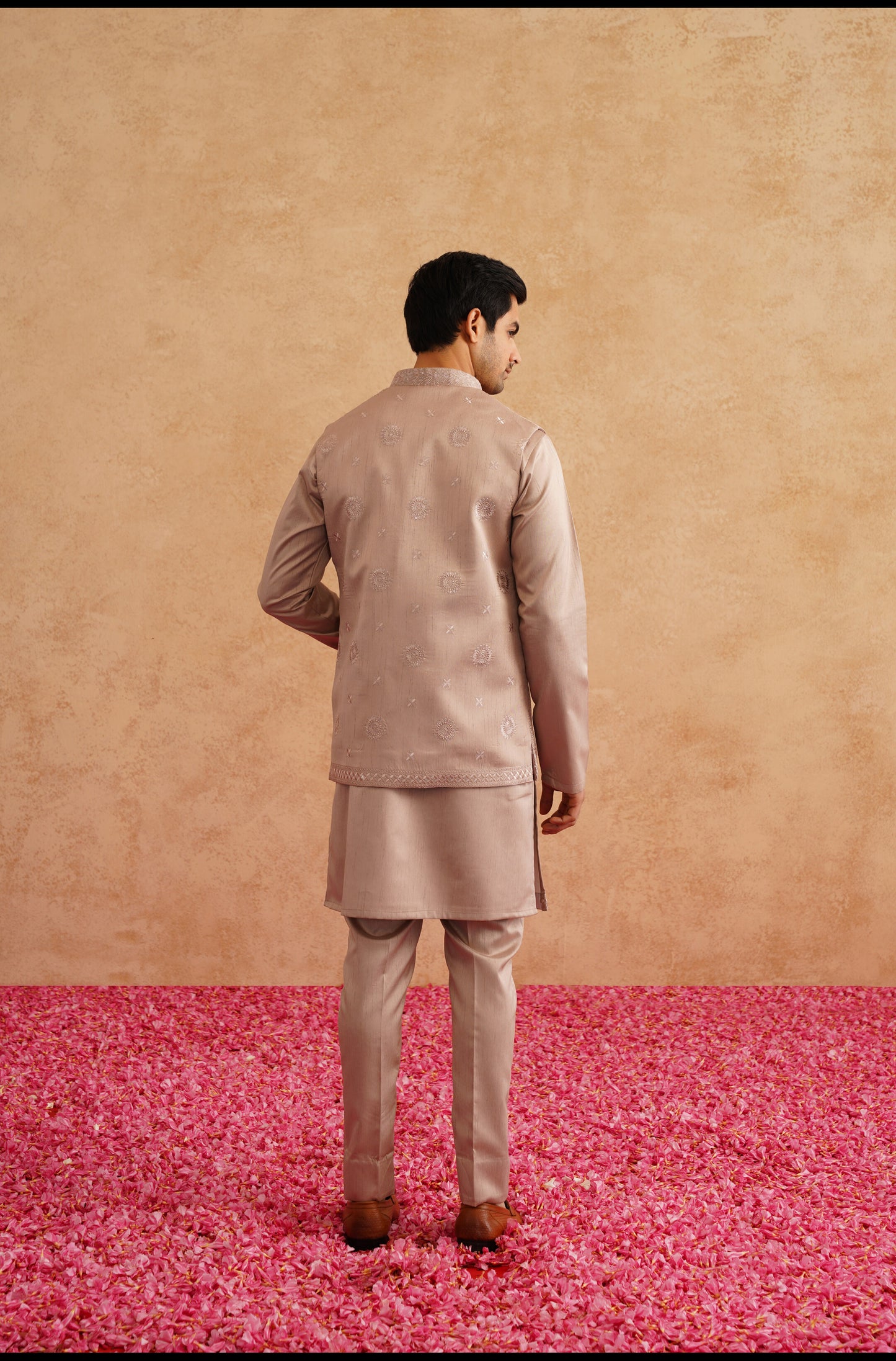 Rose Gold Thread Embroidered Open Waistcoat Kurta Set On Silk