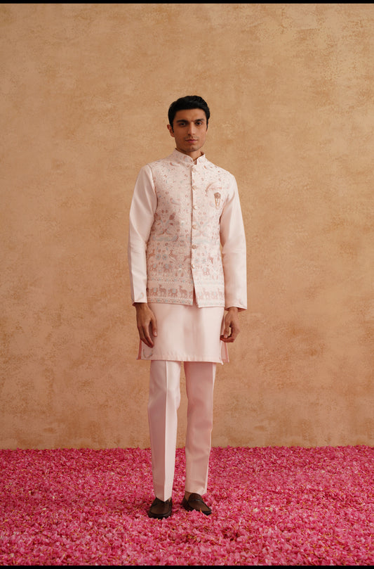 Light Pink Waistcoat Kurta Set With Thread Embroidery On Silk
