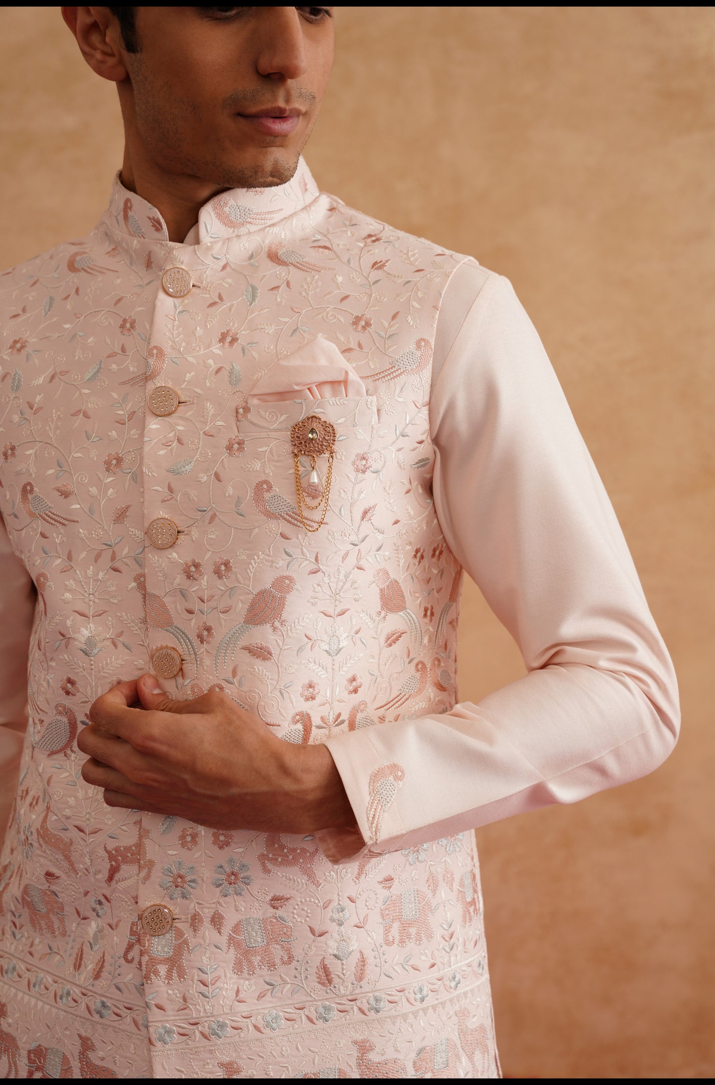 Light Pink Waistcoat Kurta Set With Thread Embroidery On Silk