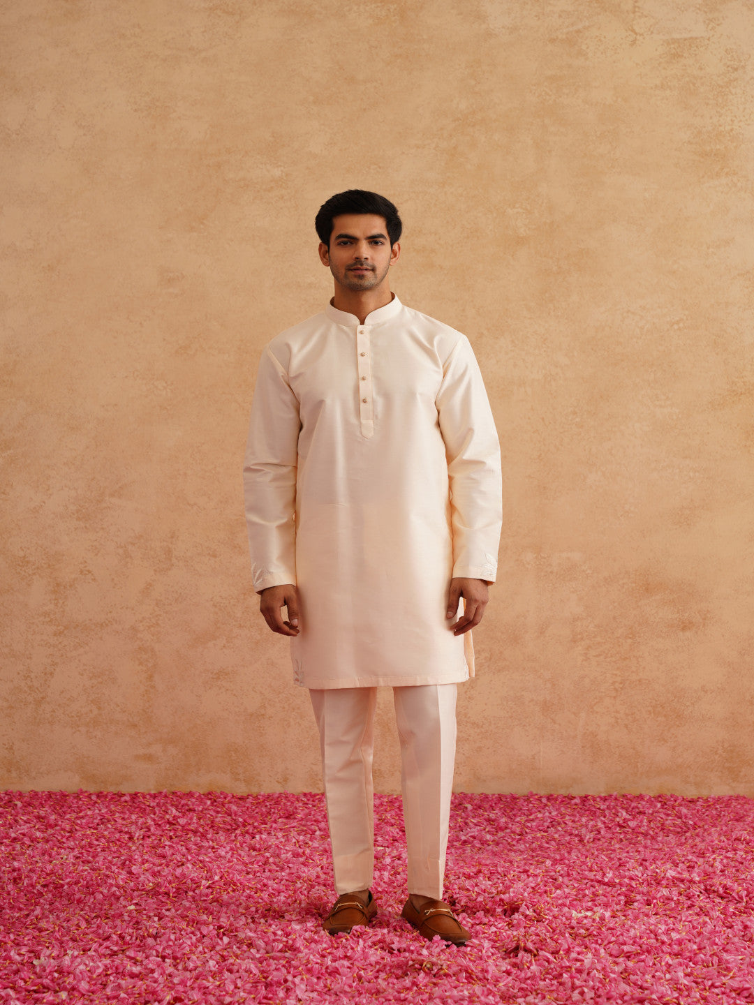 Light Beige Thread Embroidered Waistcoat Kurta Set