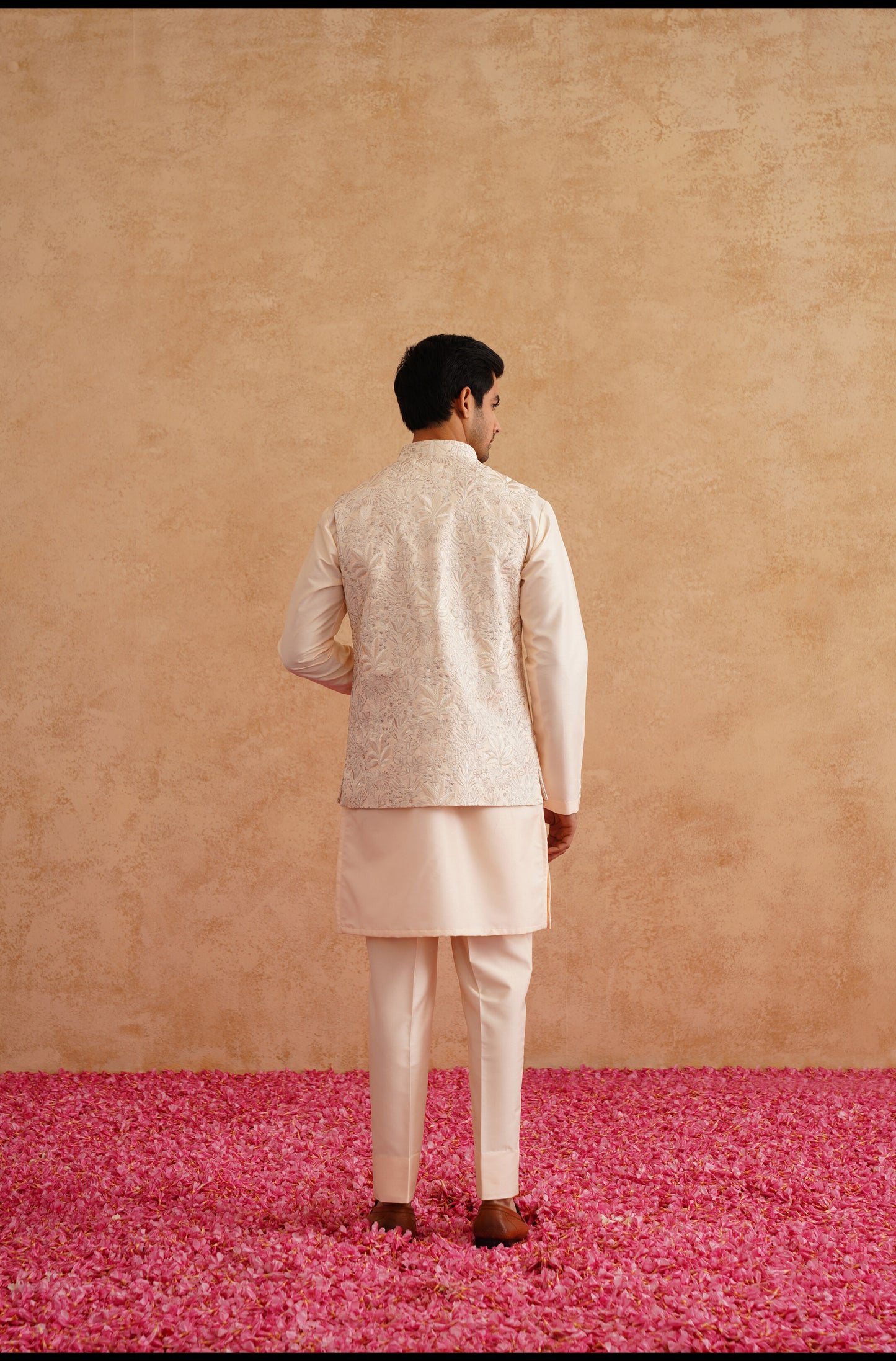 Light Beige Thread Embroidered Waistcoat Kurta Set