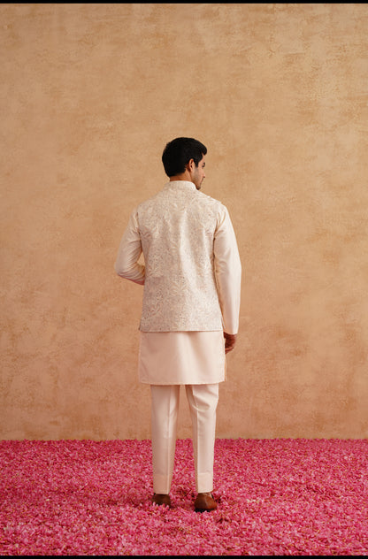 Light Beige Thread Embroidered Waistcoat Kurta Set