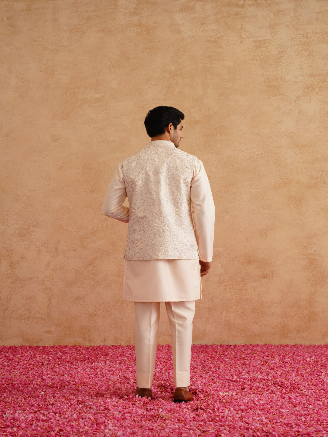 Light Beige Thread Embroidered Waistcoat Kurta Set