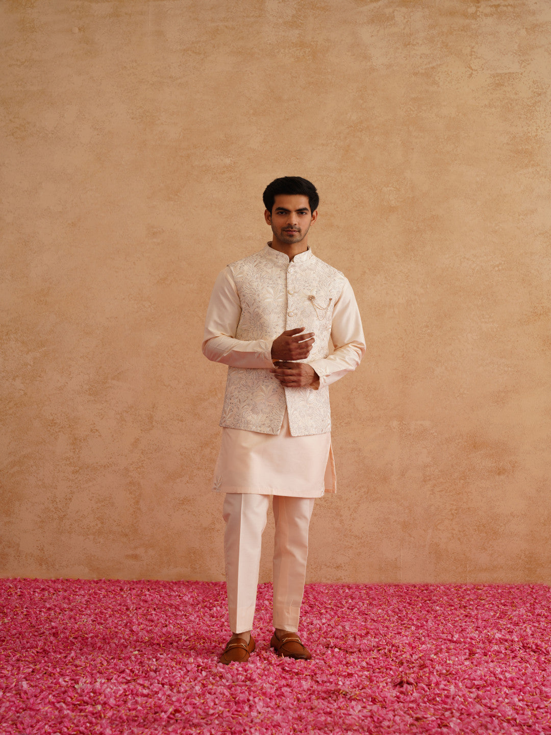 Light Beige Thread Embroidered Waistcoat Kurta Set