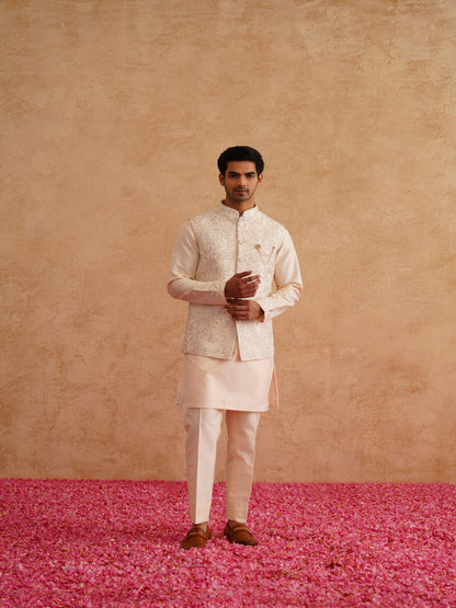 Light Beige Thread Embroidered Waistcoat Kurta Set