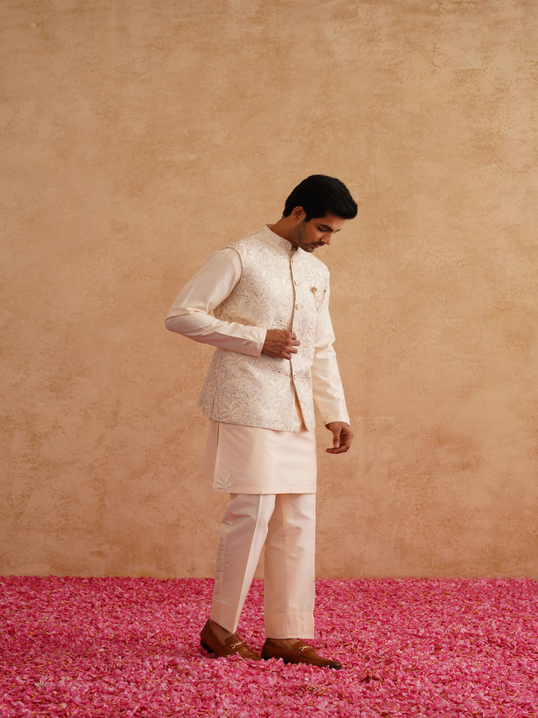 Light Beige Thread Embroidered Waistcoat Kurta Set