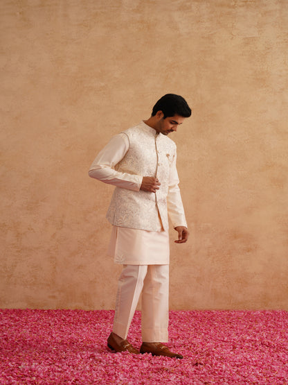 Light Beige Thread Embroidered Waistcoat Kurta Set