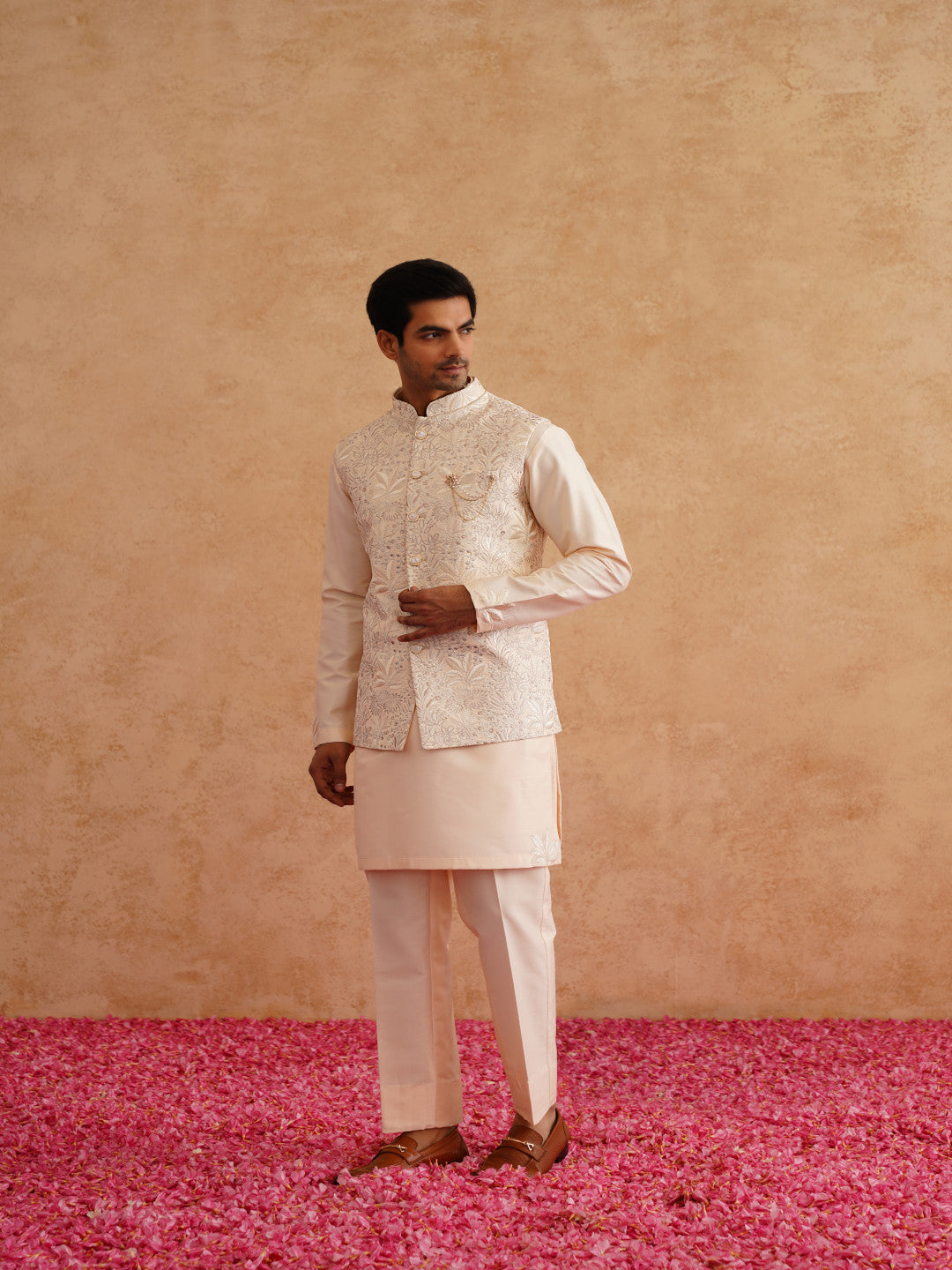 Light Beige Thread Embroidered Waistcoat Kurta Set