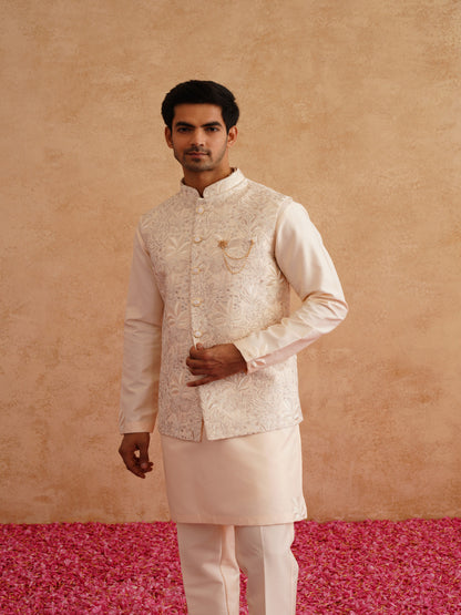 Light Beige Thread Embroidered Waistcoat Kurta Set