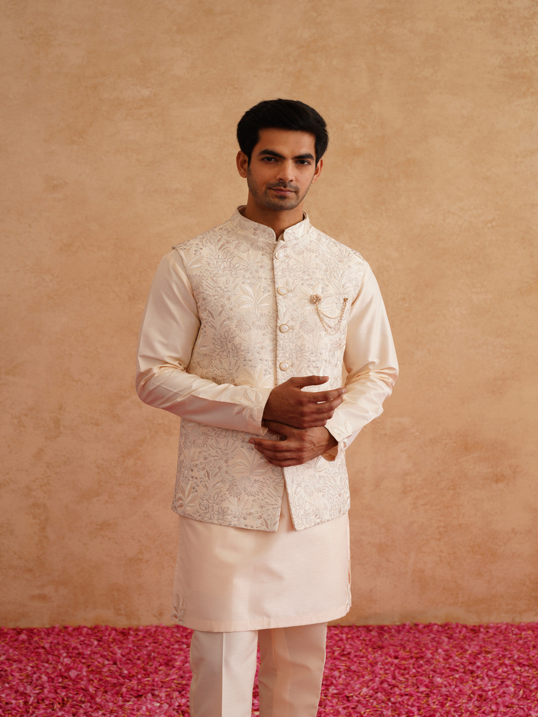 Light Beige Thread Embroidered Waistcoat Kurta Set
