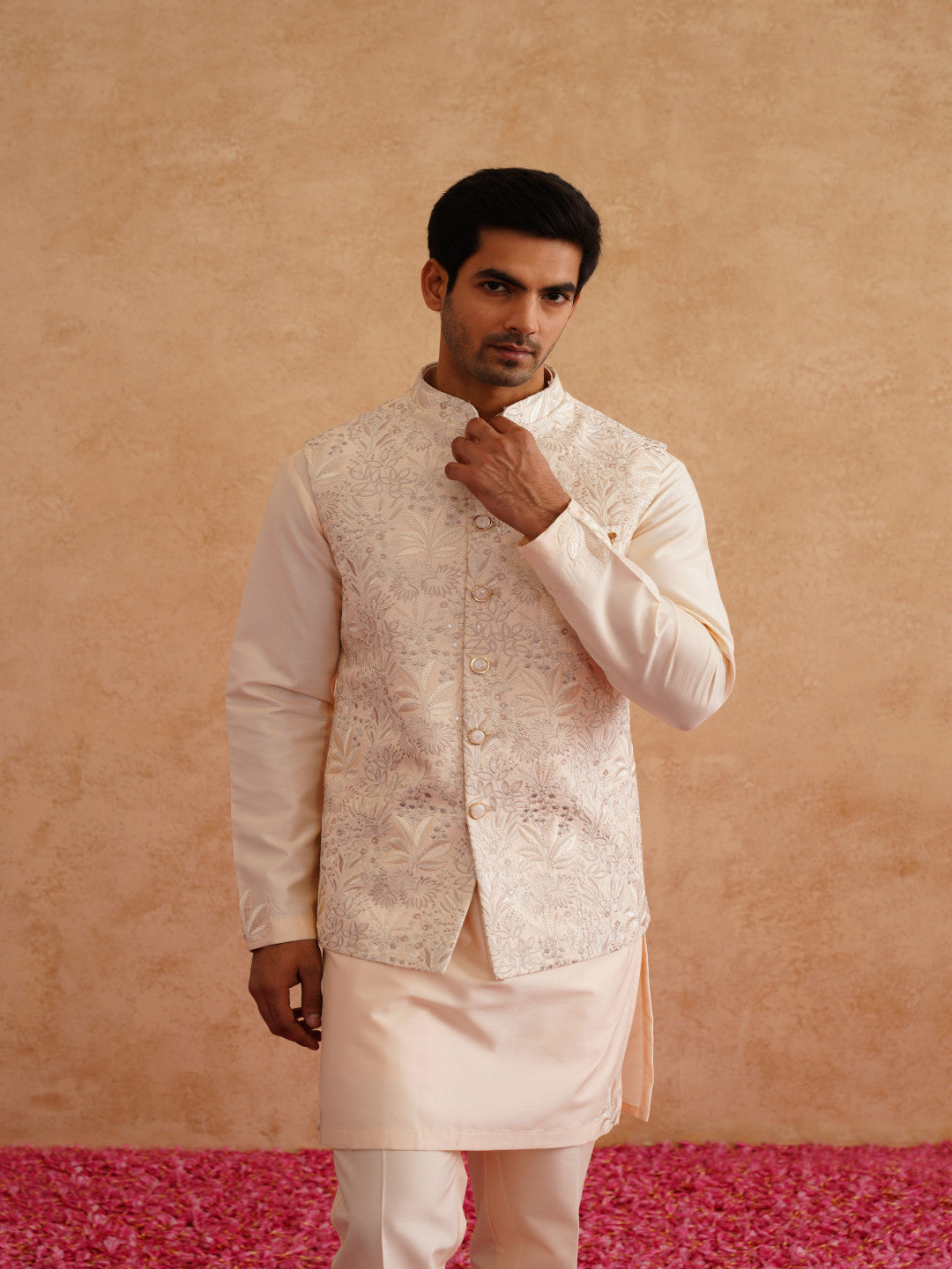 Light Beige Thread Embroidered Waistcoat Kurta Set