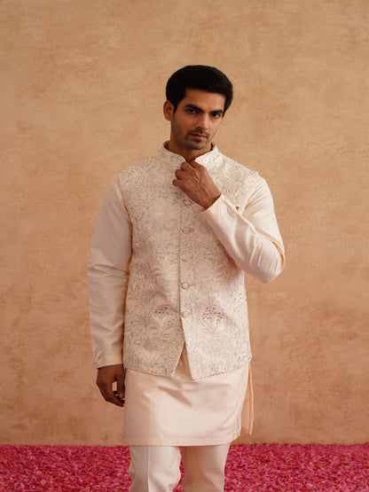 Light Beige Thread Embroidered Waistcoat Kurta Set