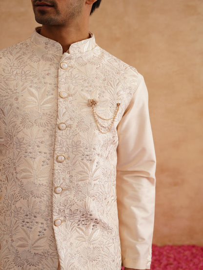 Light Beige Thread Embroidered Waistcoat Kurta Set