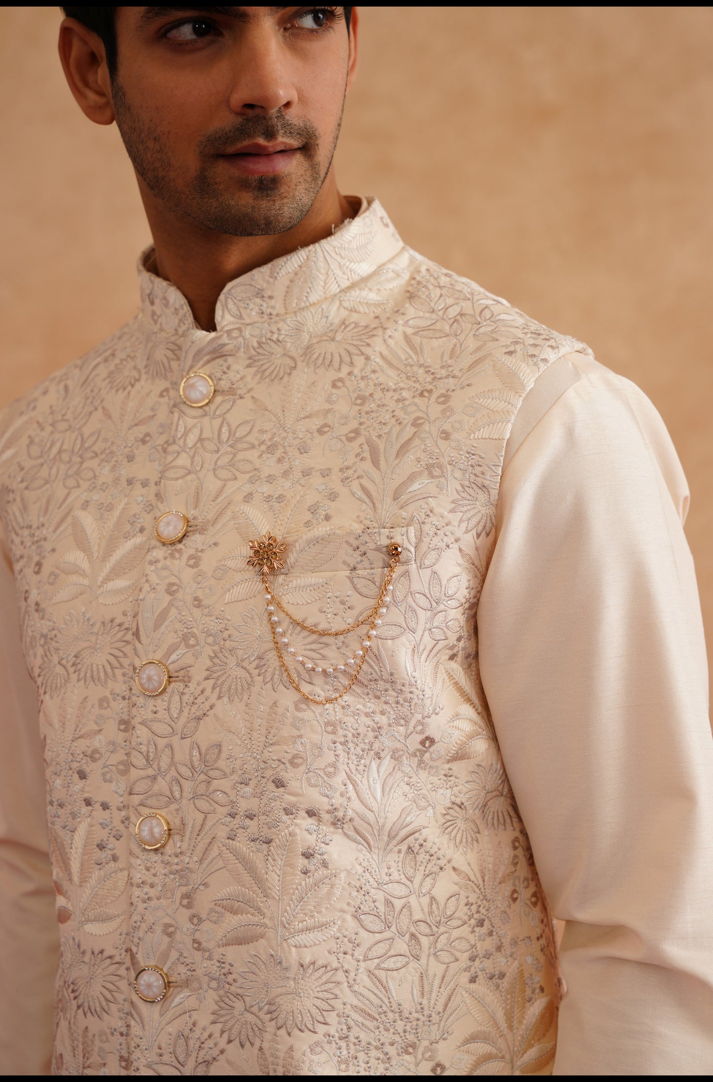 Light Beige Thread Embroidered Waistcoat Kurta Set