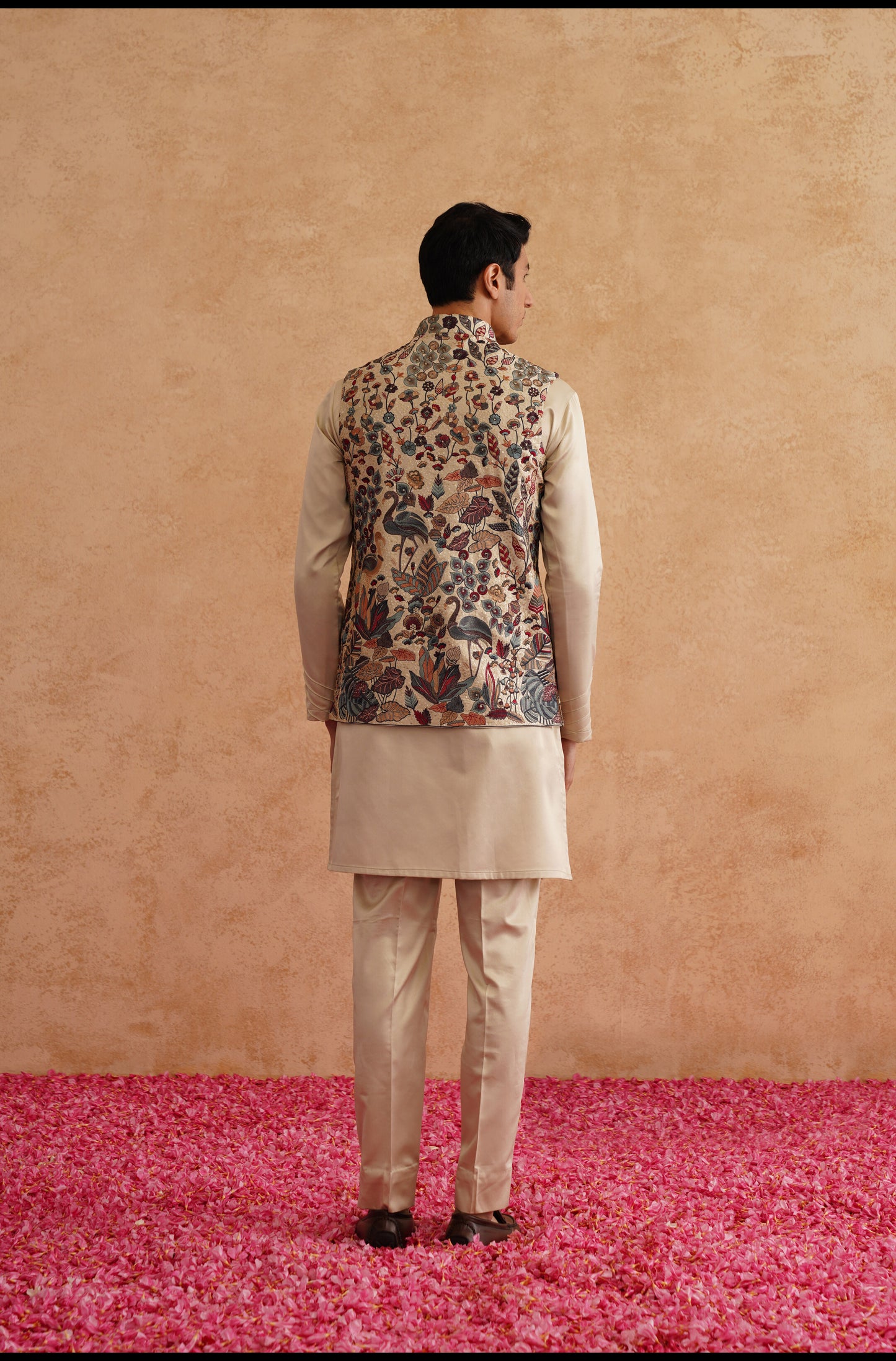 Beige Waistcoat Kurta Set With Multicolor Thread And Sequins Embroidery