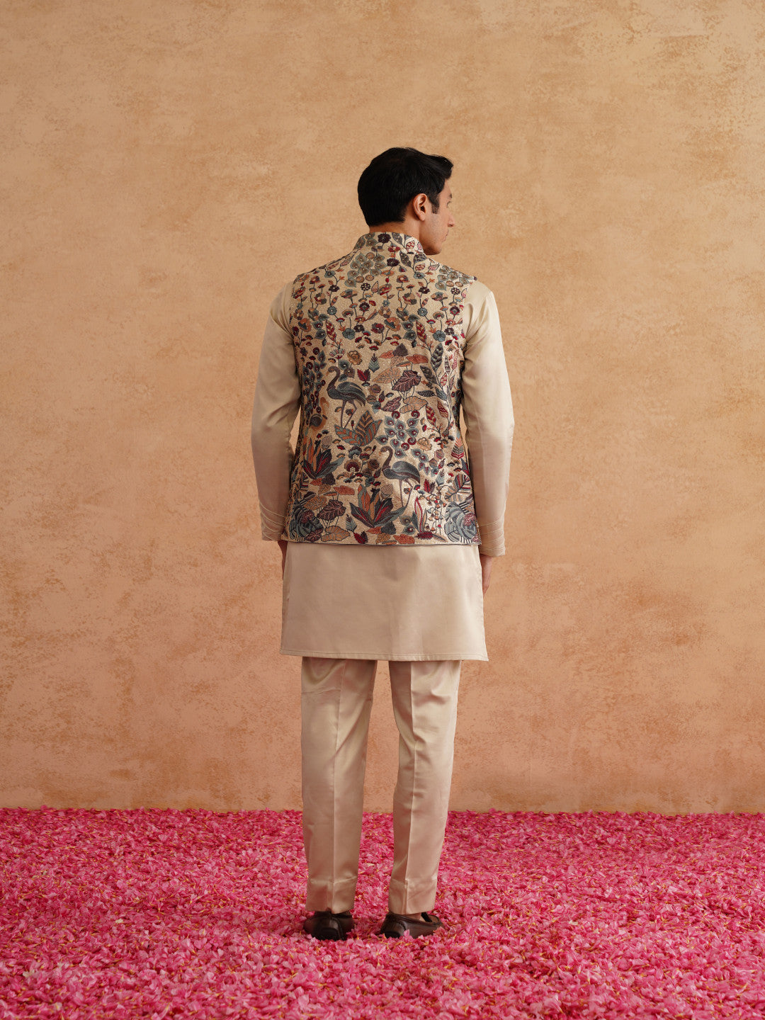 Beige Waistcoat Kurta Set With Multicolor Thread And Sequins Embroidery